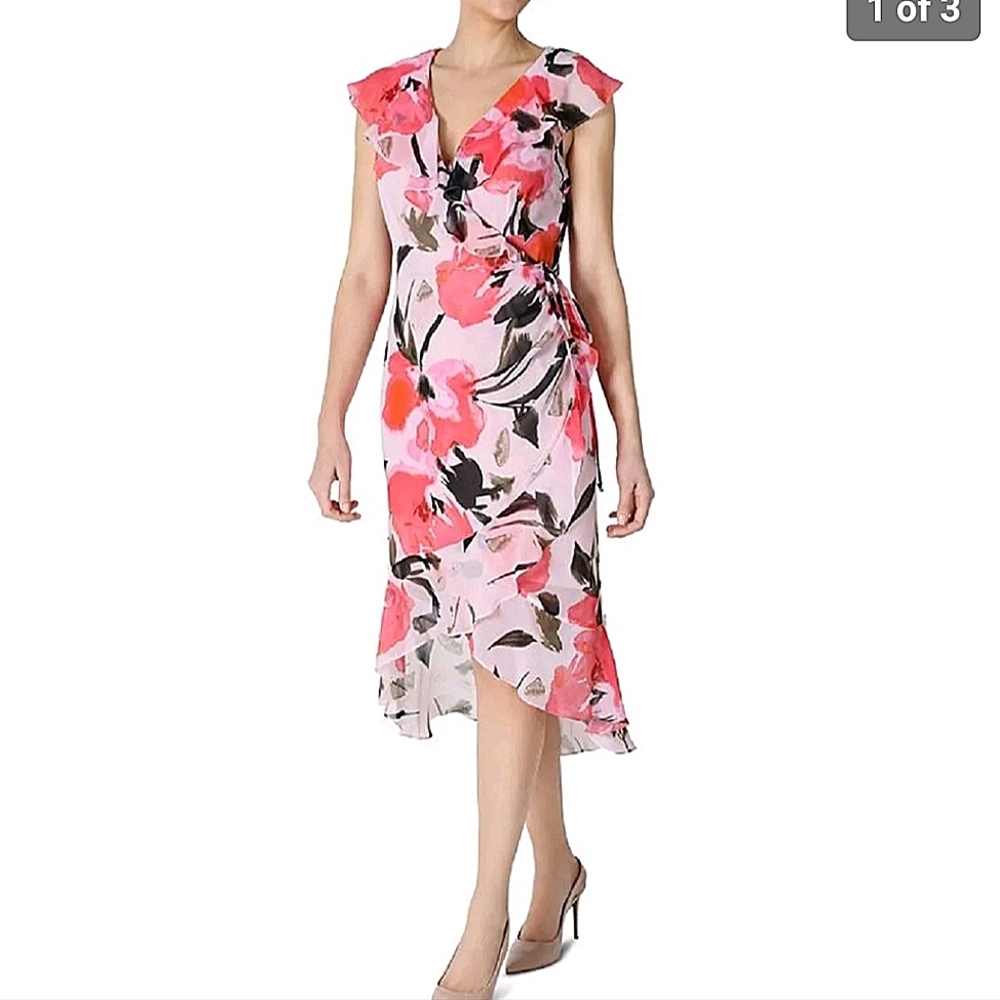 JuliaJordan flower pink midi ruched ruffle faux wrap sleeveless sundress size 14